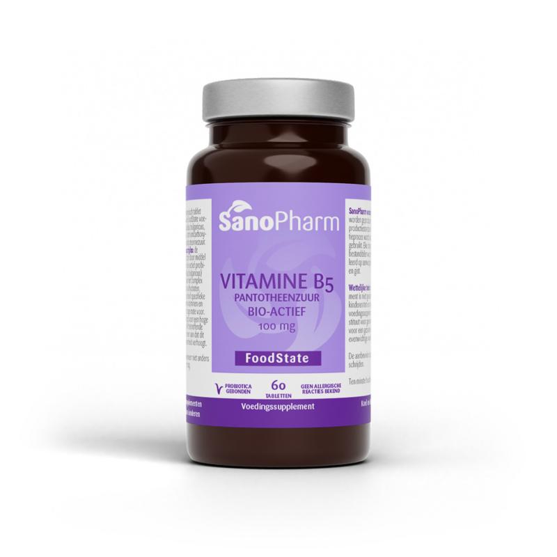 SanoPharm Vitamine B5 Pantothenic Acid 100mg supplement tablets, 60-count, close-up of the bottle with tablets visible