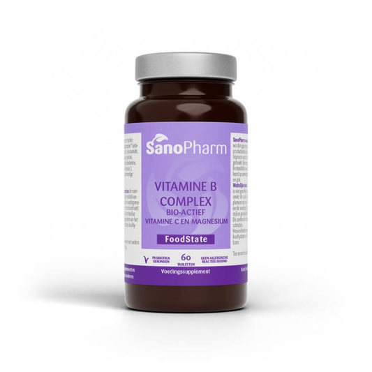 SanoPharm Vitamin B Complex, C, and Magnesium supplement in a bottle of 60 tablets, showing colorful tablets on the label.