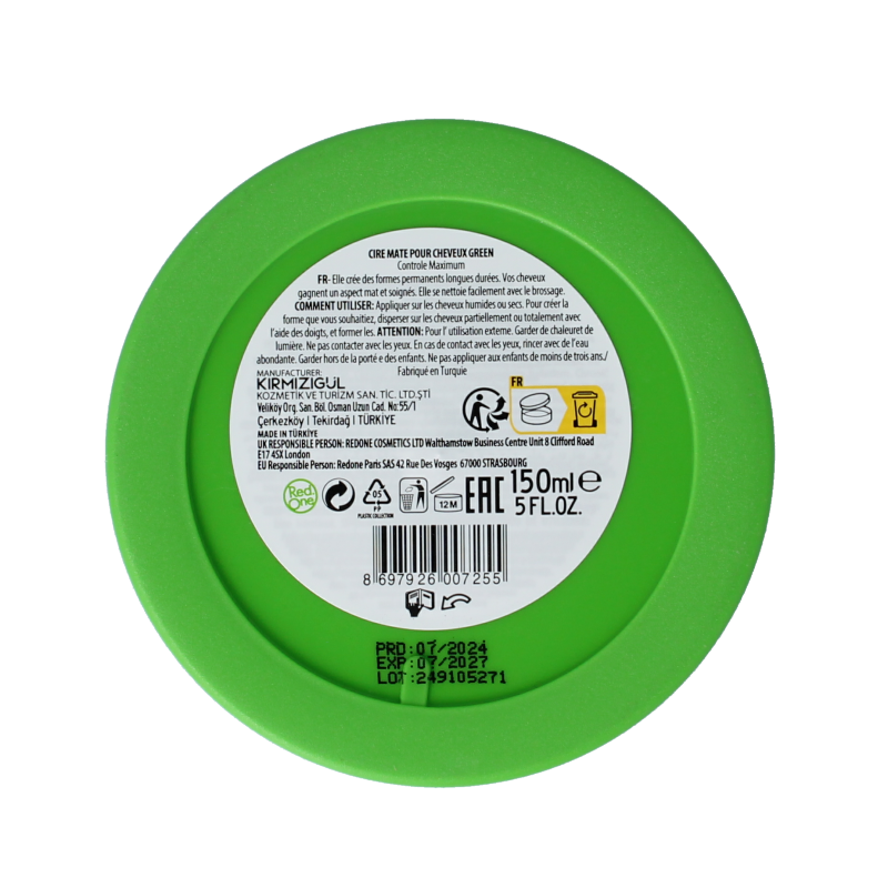Red One Red One Haarwax green matte styling wax in 150ml jar, ideal for matte finish hair styling and shaping.