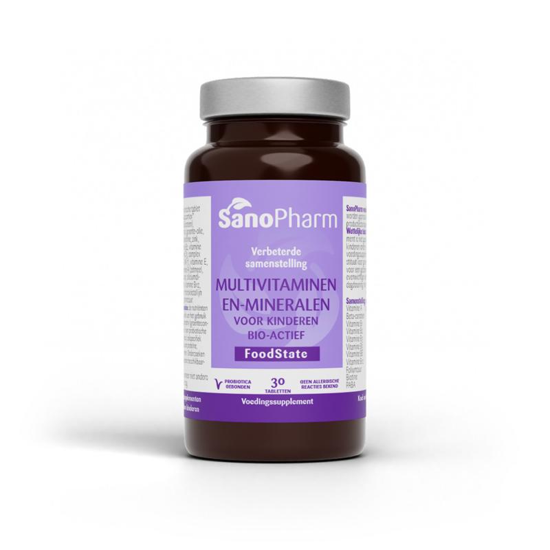 SanoPharm Kindermultivitaminen en mineralen foodstate multivitamin tablets for children, showing a close-up of the product bottle and tablets