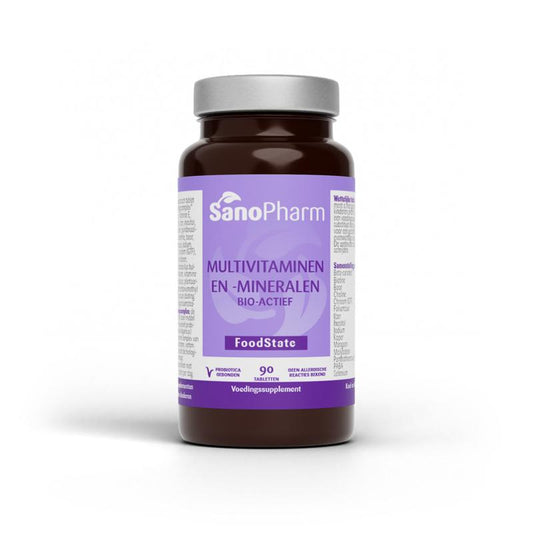 SanoPharm Multivitamin and Mineral FoodState tablets in a bottle, showing 90 tablets for daily nutritional support.