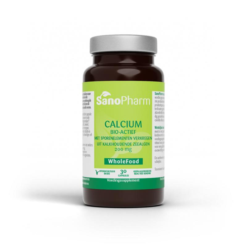 SanoPharm Calcium 200 mg wholefood mineral capsules, 30-count, in a clear bottle with capsules visible inside.
