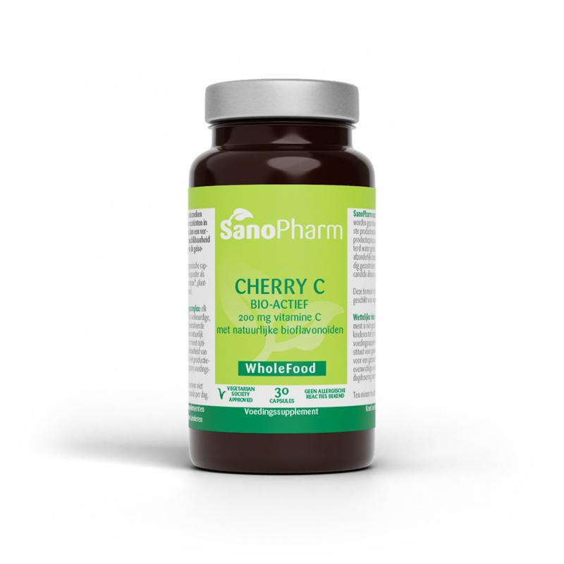SanoPharm Cherry-C 200 mg wholefood capsules, herbal supplement with cherry extract for immune support, shown in a bottle.