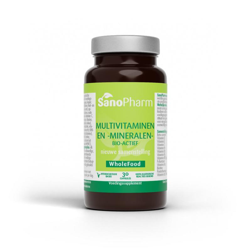 SanoPharm multivitamins and minerals in 30 capsules, wholefood supplement with a colorful array of vitamin and mineral capsules.