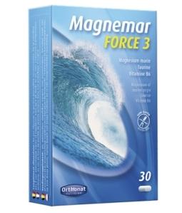 Orthonat Magnemar Force 3 mineral capsules in a bottle, showing the label and capsule details on the packaging.