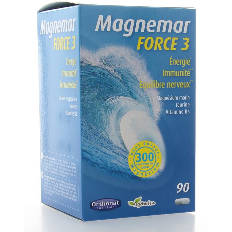 Orthonat Magnemar Force 3 mineral multivitamin capsules in a white bottle with a label showing the product name.