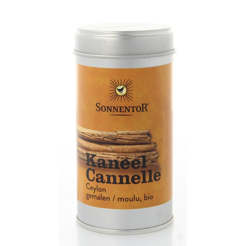 Sonnentor ground cinnamon in a metal tin, organic 40g, shown in a close-up image.