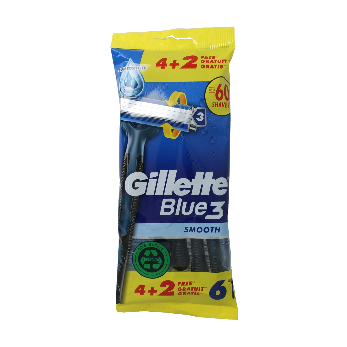Gillette Blue 3 disposable razor blades, 6-pack, lightweight men's shaving instrument with three blades for a close shave.
