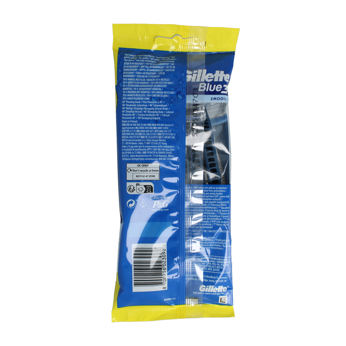 Gillette Blue 3 disposable razor blades, 6-pack, showing three sharp razor blades in a sleek packaging design.