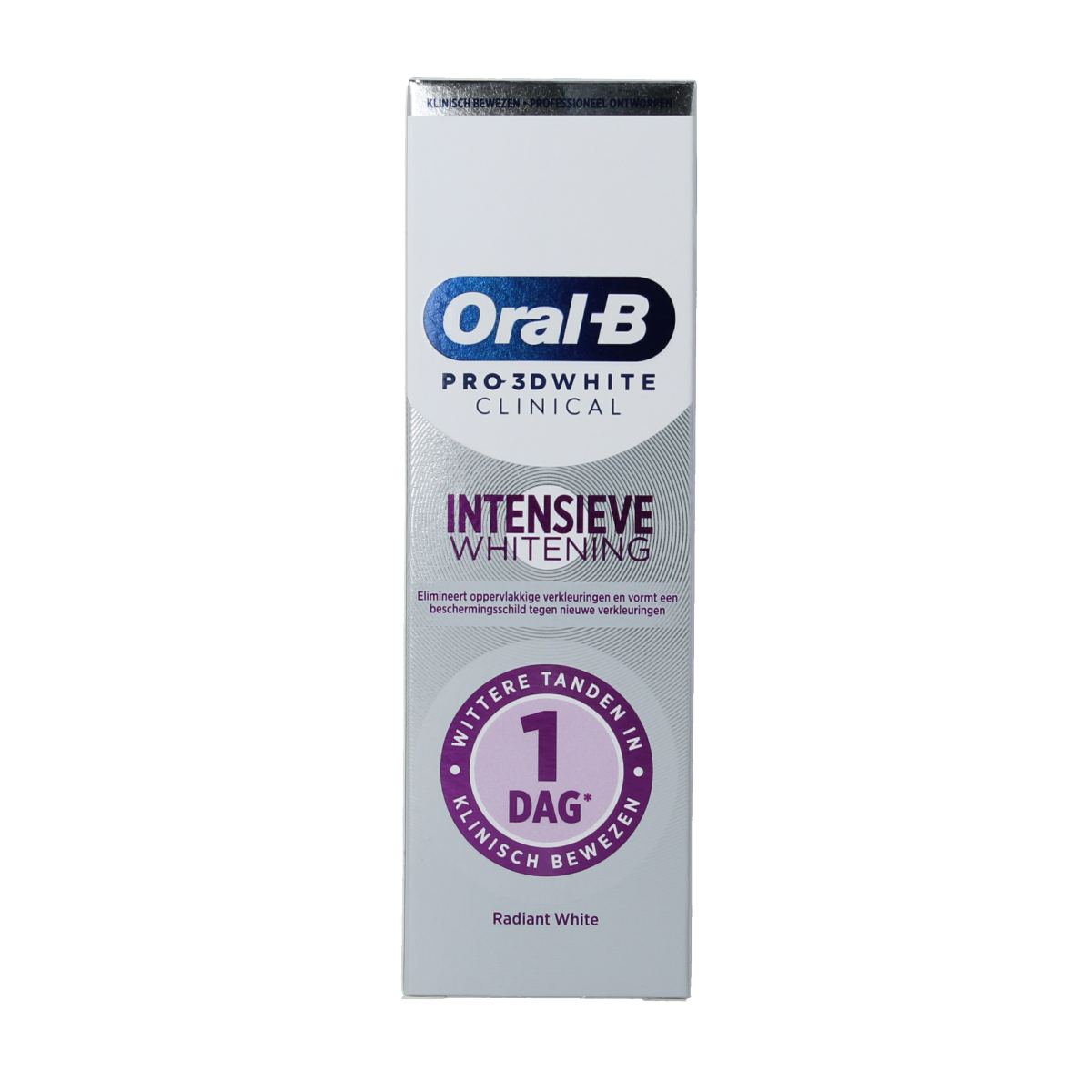 Oral B 3D White Clinical Radiant toothpaste in 75ml tube, showing the packaging and branding.