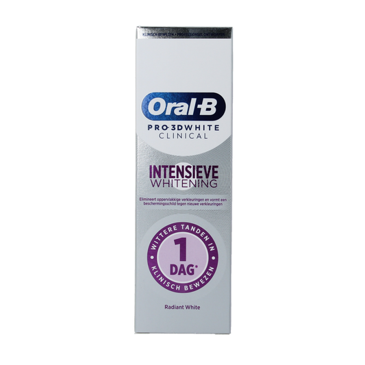 Oral B 3D White Clinical Radiant toothpaste in 75ml tube, showing the packaging and branding.