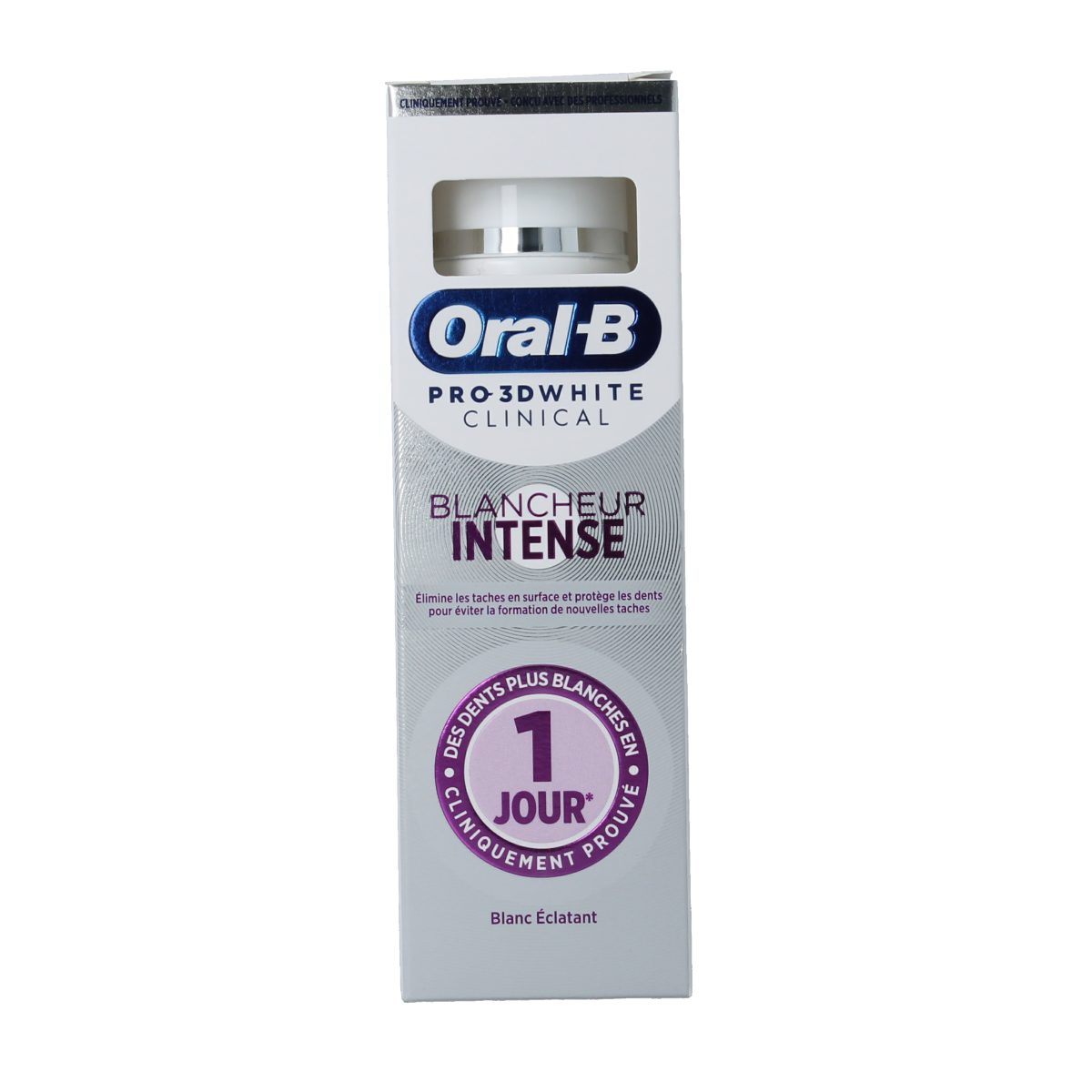 Oral B 3D White Clinical Radiant toothpaste in a 75ml tube, designed for brightening and whitening teeth.