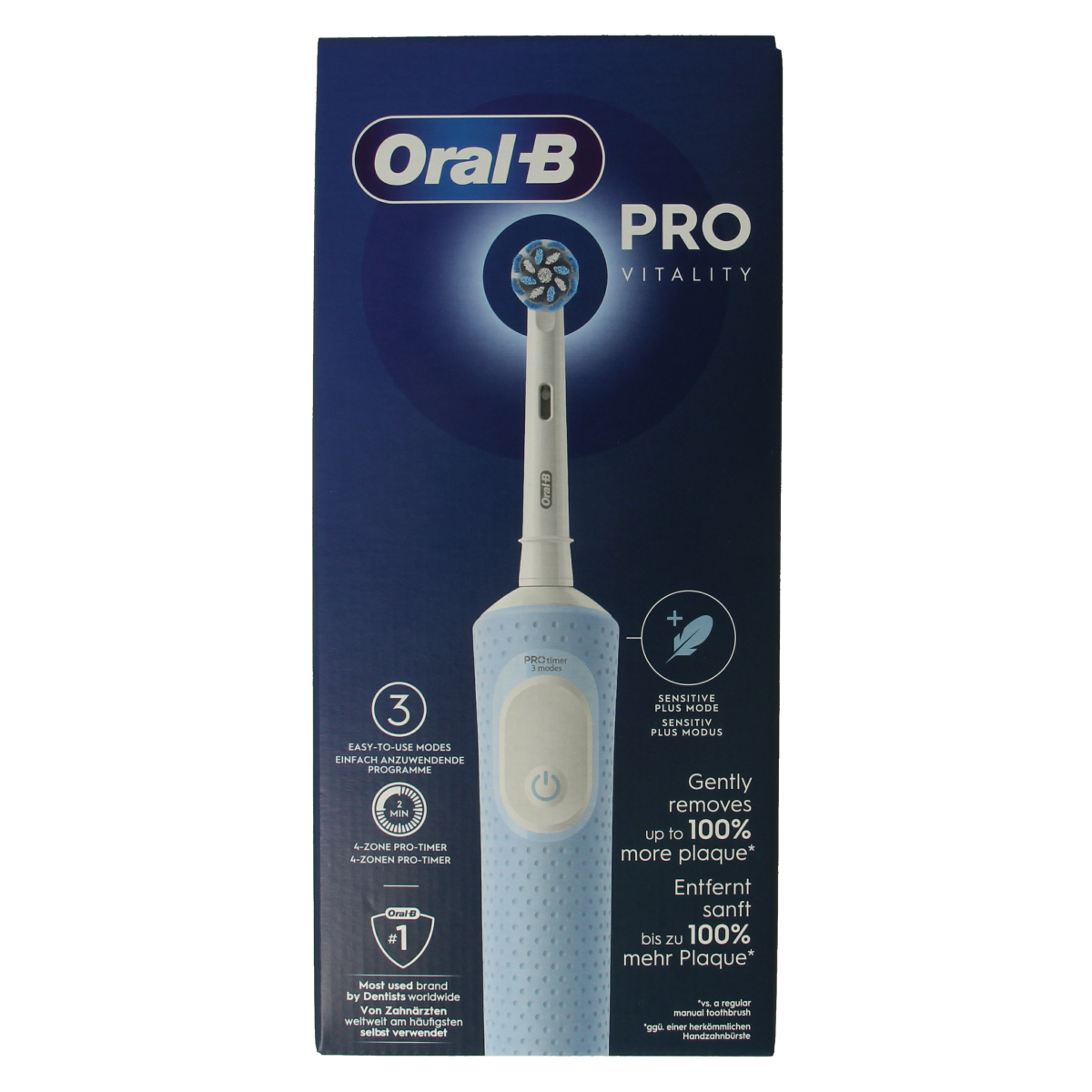 Oral B Vitality Pro blue electric toothbrush with one brush head, designed for effective dental cleaning.