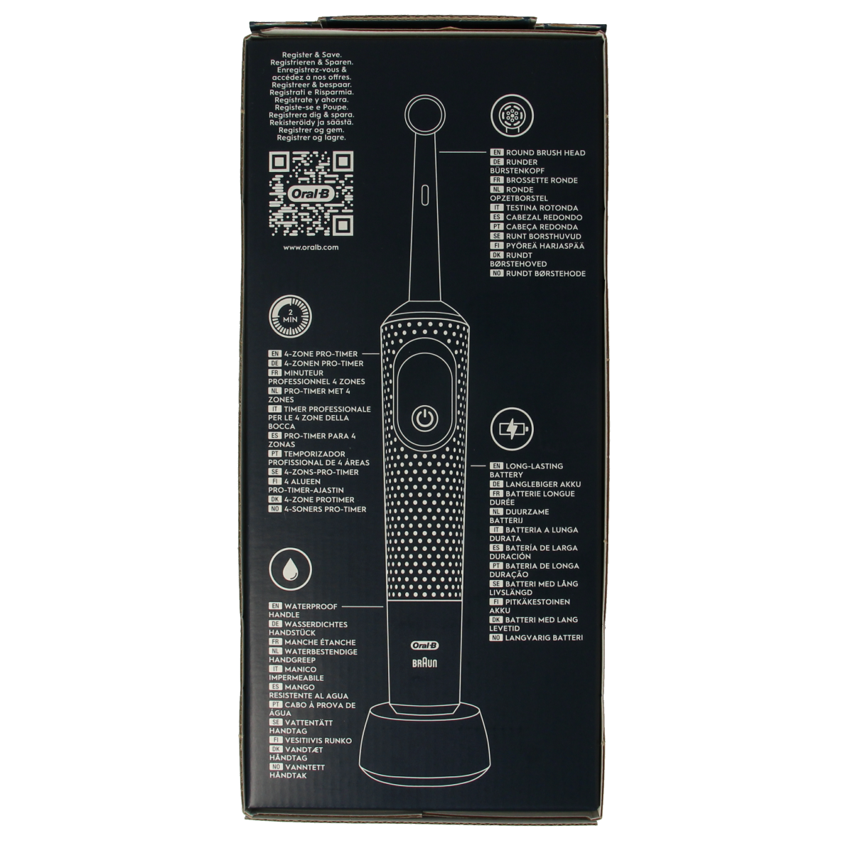 Oral B Vitality Pro blue electric toothbrush with a single brush head for effective teeth cleaning.
