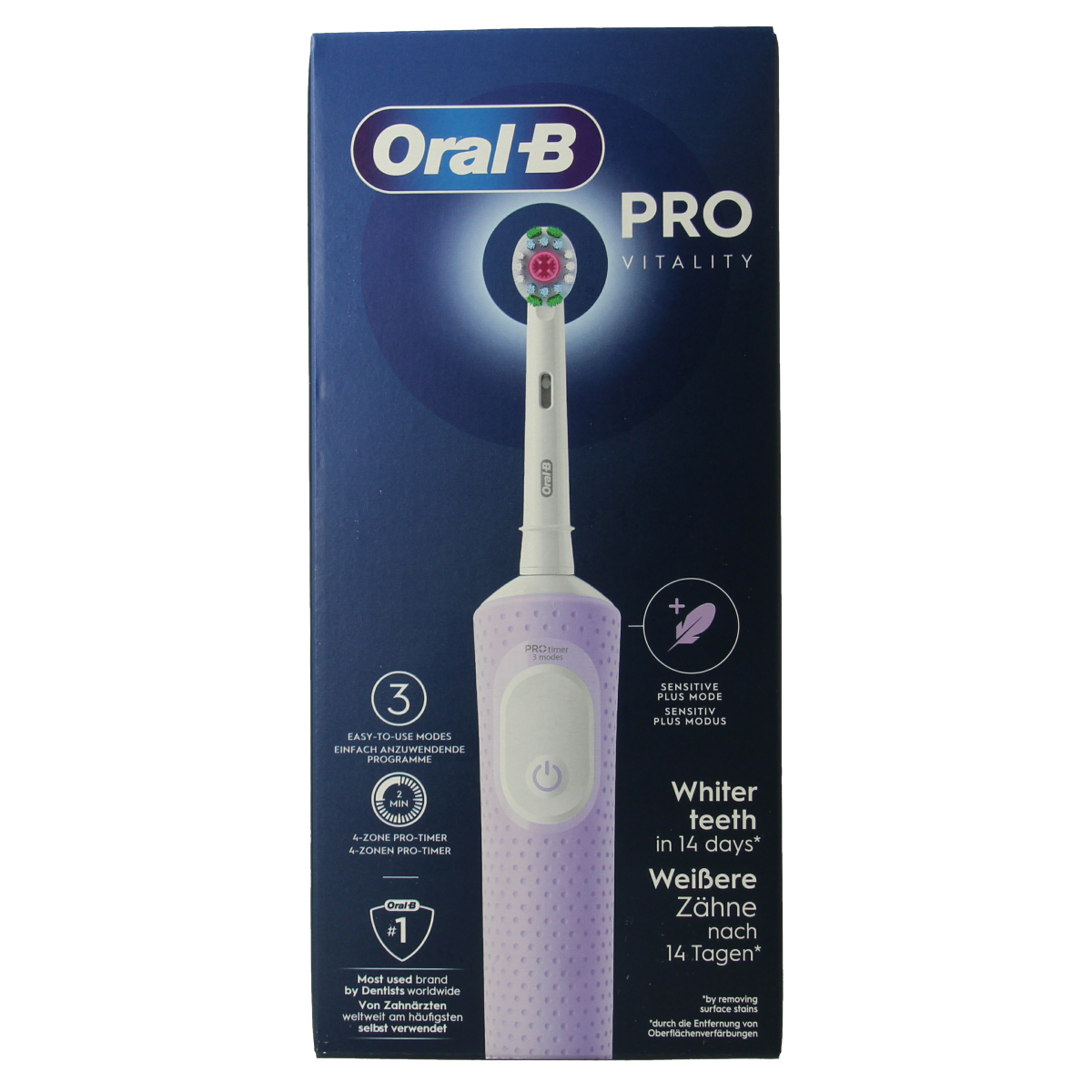 Oral B Vitality Pro Protect purple toothbrush with soft bristles, shown upright with handle visible.