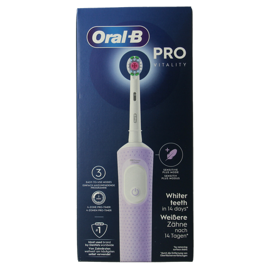 Oral B Vitality Pro Protect purple toothbrush with soft bristles, shown upright with handle visible.