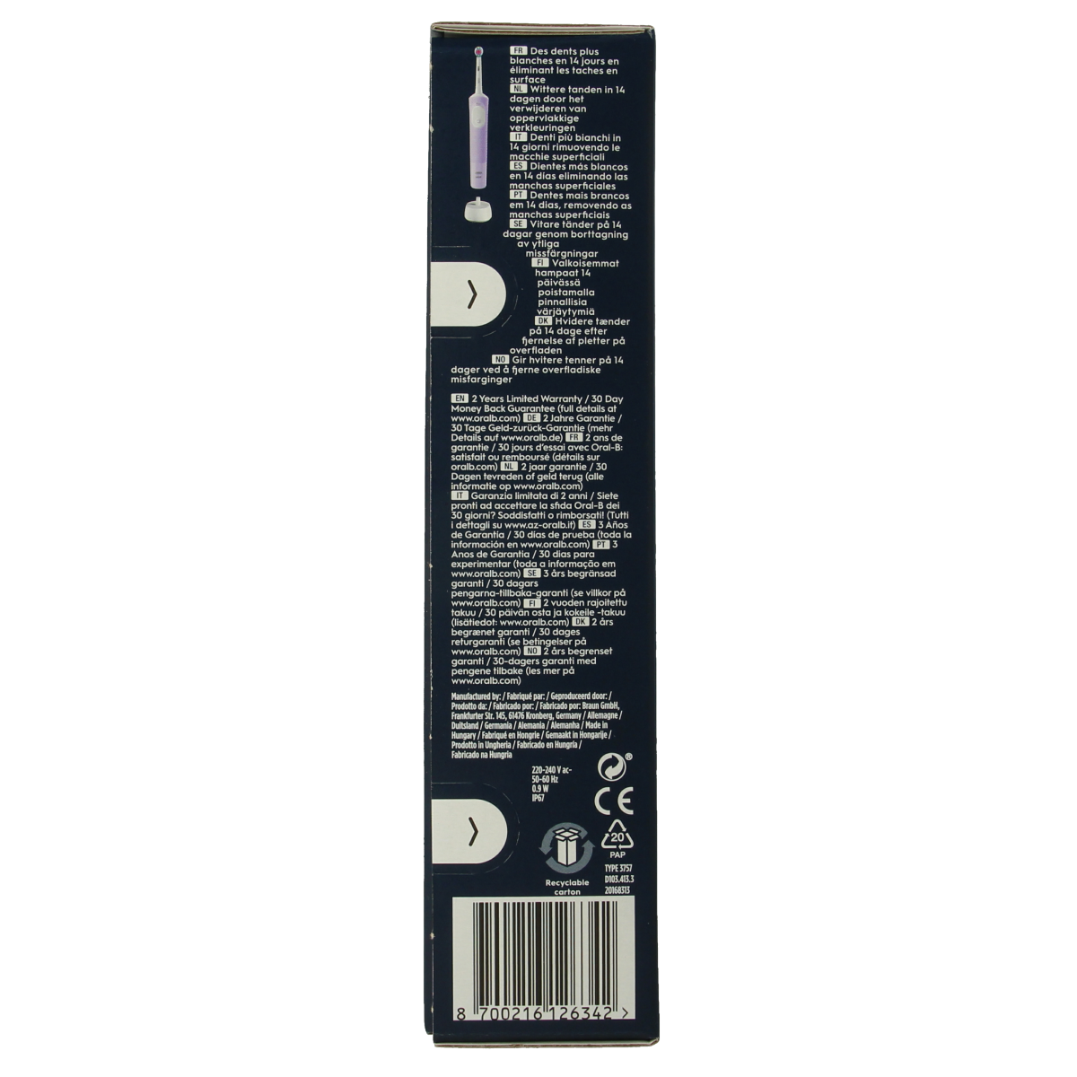 Pink Oral B Vitality Pro Protect toothbrush with white bristles, designed for effective teeth cleaning.