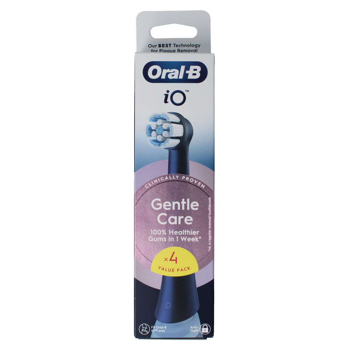 Four Oral B Opzetborstel IO Gentle Care toothbrush heads in black, designed for gentle cleaning and oral health.