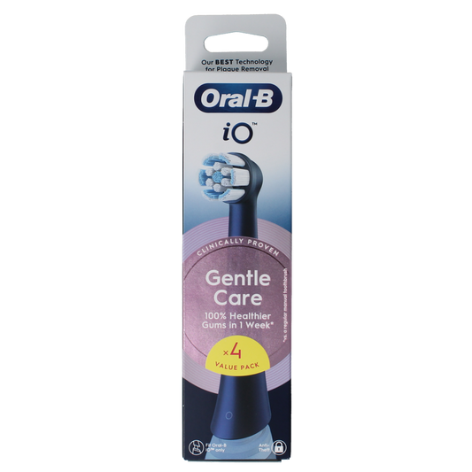 Four Oral B Opzetborstel IO Gentle Care toothbrush heads in black, designed for gentle cleaning and oral health.