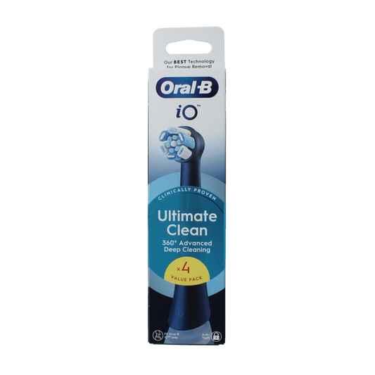 Set of four Oral B Ultimate Clean black toothbrush heads for effective plaque removal and fresh breath.