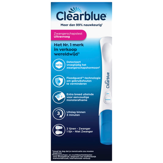 Clearblue Ultra vroeg zelftest kit with two tests, showing the packaging and test sticks for early pregnancy detection.