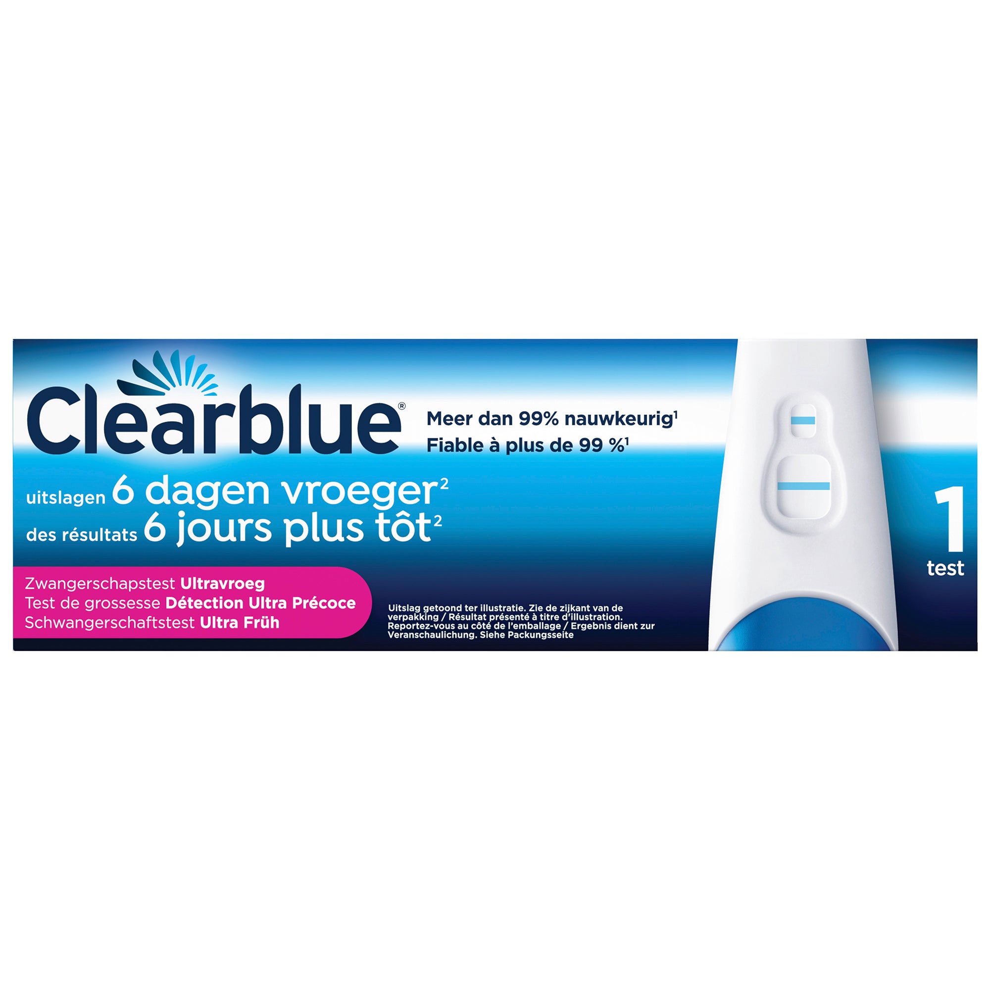 Clearblue Ultra vroege zelftest kit with test strip and instructions, designed for early pregnancy detection.