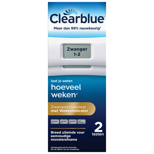 Clearblue week indicator self-test set with two units, showing packaging and test strips for tracking weekly health progress.