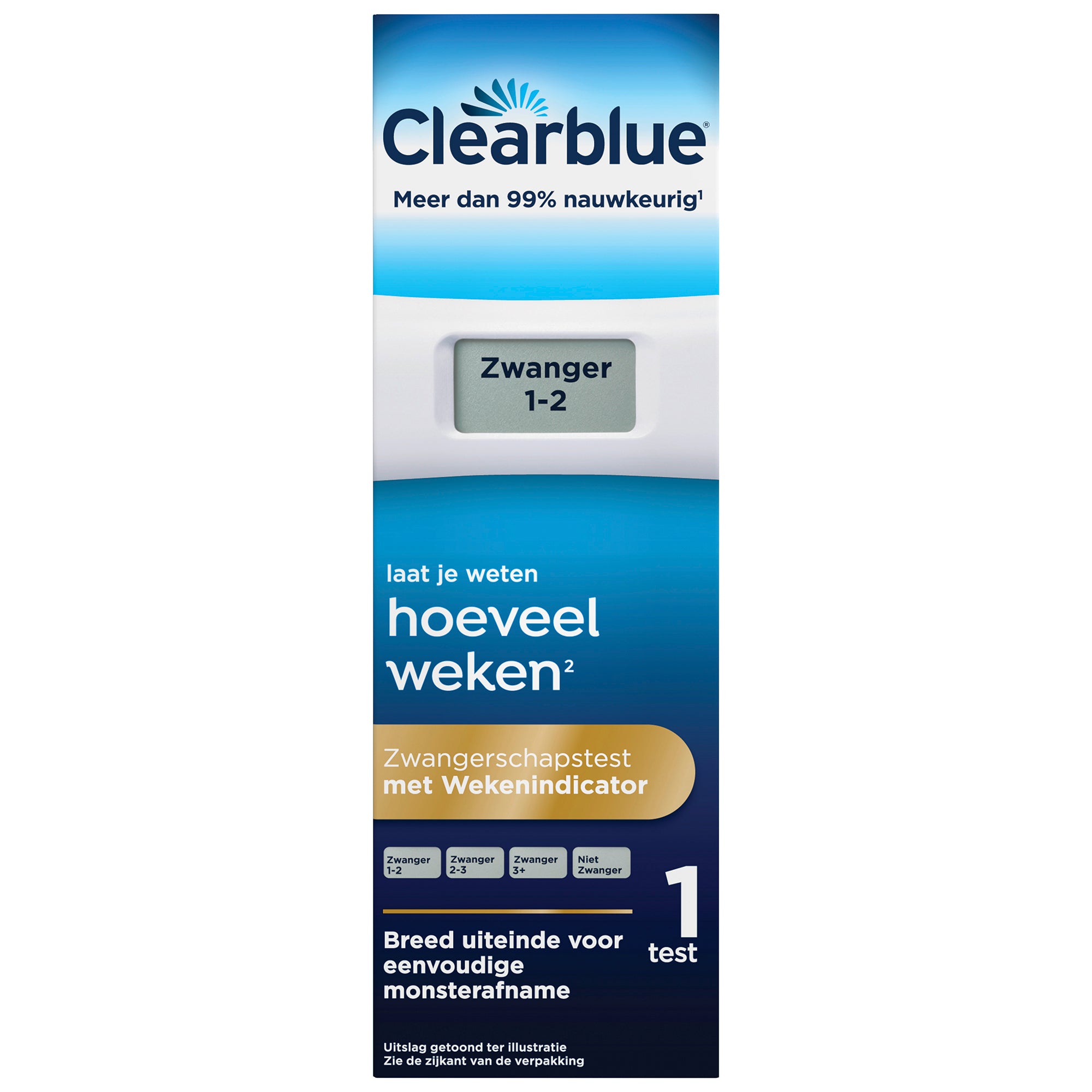 Clearblue week indicator test kit for tracking menstrual cycles, showing the testing device and packaging.