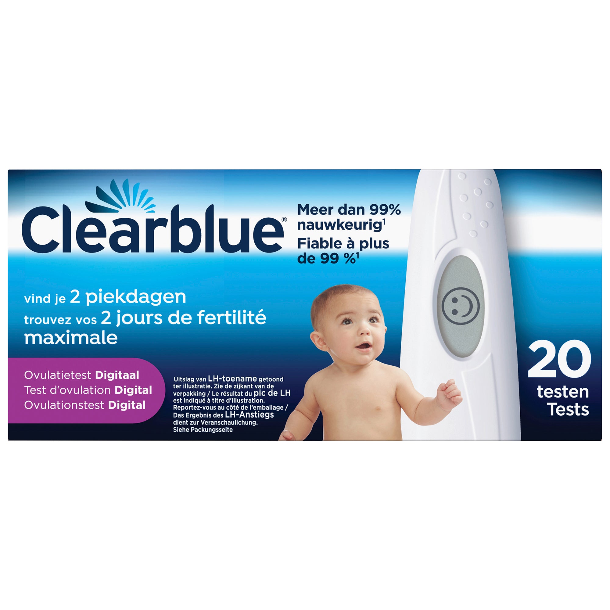 Clearblue digitale ovulatietest kit with 20 tests, showing test strips and digital reader for fertility tracking.