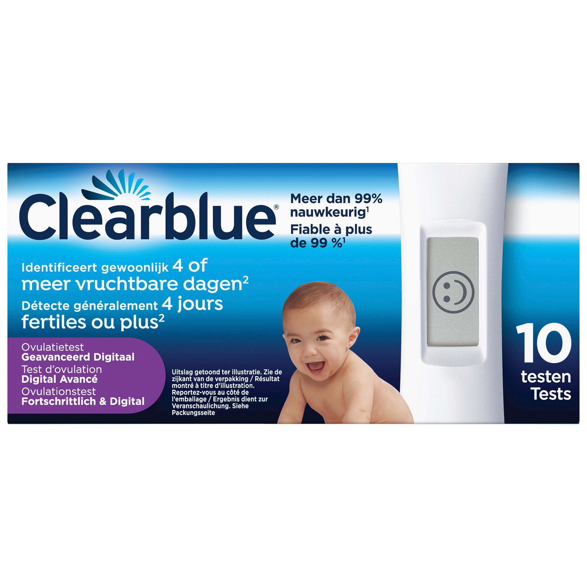 Clearblue ovulation test strips for 4 days, 10-pack, showing test sticks used for fertility tracking.