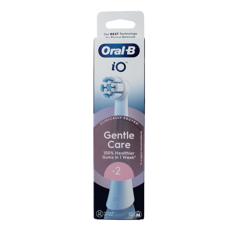 Two Oral B Gentle Care toothbrush heads for electric toothbrushes, featuring soft bristles for gentle cleaning.