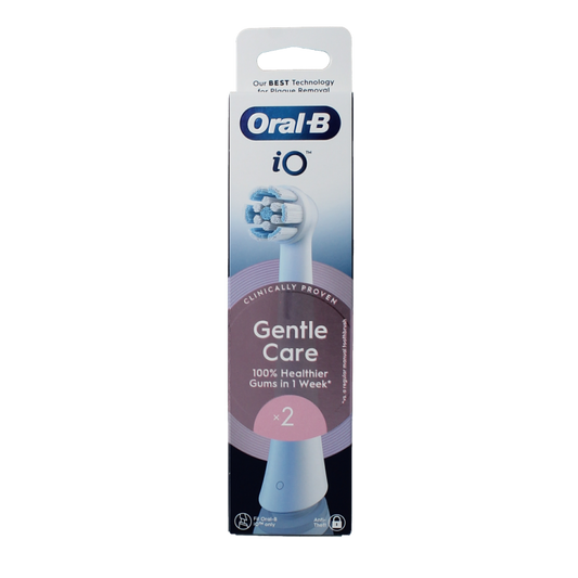 Two Oral B Gentle Care toothbrush heads for electric toothbrushes, featuring soft bristles for gentle cleaning.