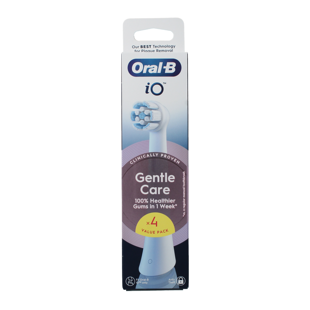 Set of four Oral B Opzetborstel IO gentle care toothbrush heads with soft bristles for gentle cleaning.