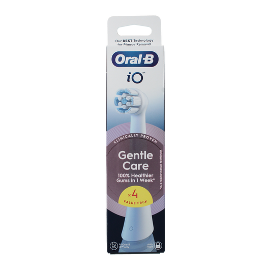 Set of four Oral B Opzetborstel IO gentle care toothbrush heads with soft bristles for gentle cleaning.