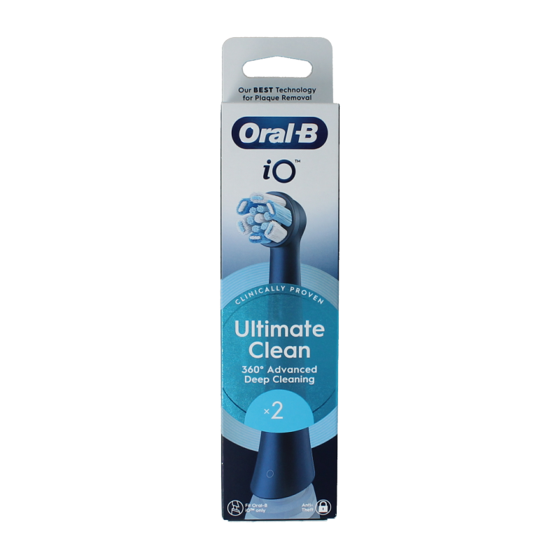 Two Oral B Ultimate Clean black toothbrush heads for effective cleaning, designed for compatible electric toothbrushes.