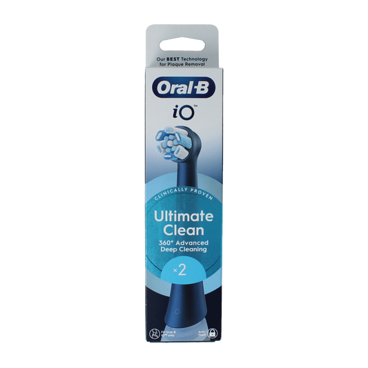 Two Oral B Ultimate Clean black toothbrush heads for effective cleaning, designed for compatible electric toothbrushes.