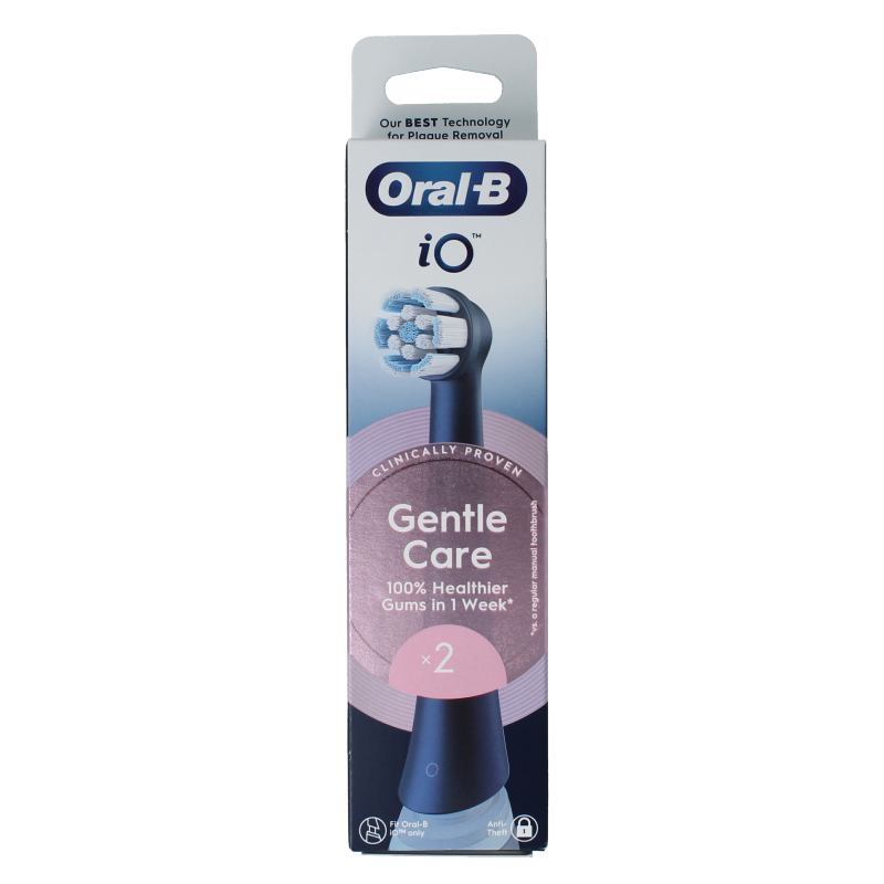 Two Oral B gentle care black toothbrush heads with soft bristles for effective, gentle teeth cleaning.