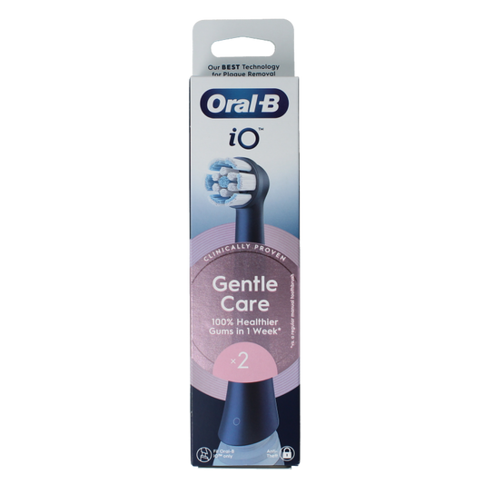 Two Oral B gentle care black toothbrush heads with soft bristles for effective, gentle teeth cleaning.