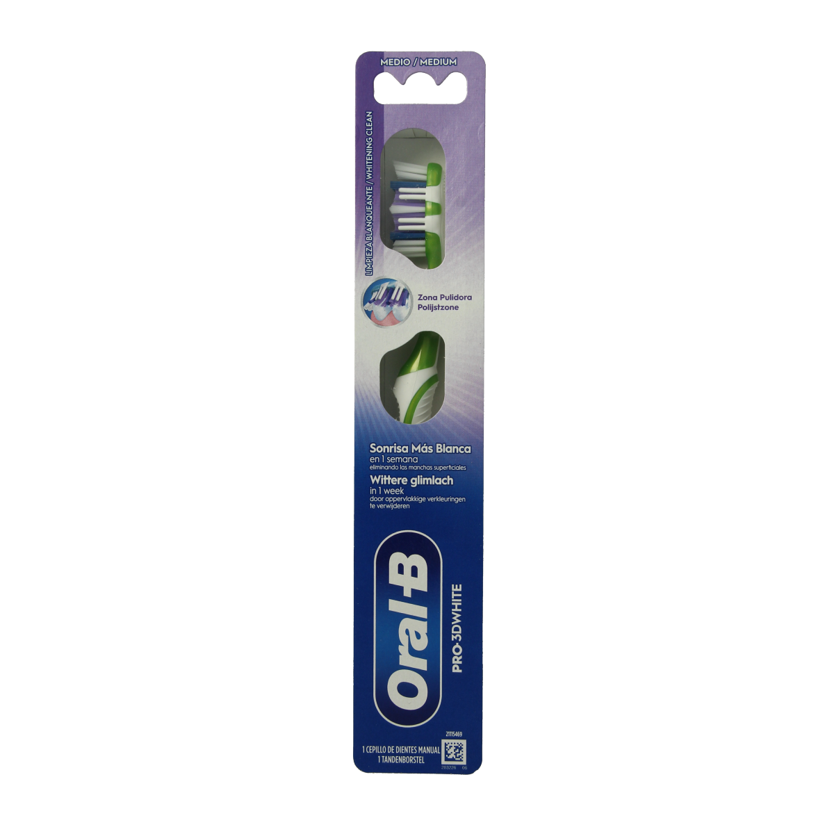 Oral B Pro 3D White manual toothbrush showing bristles and handle, designed for effective teeth cleaning and whitening.
