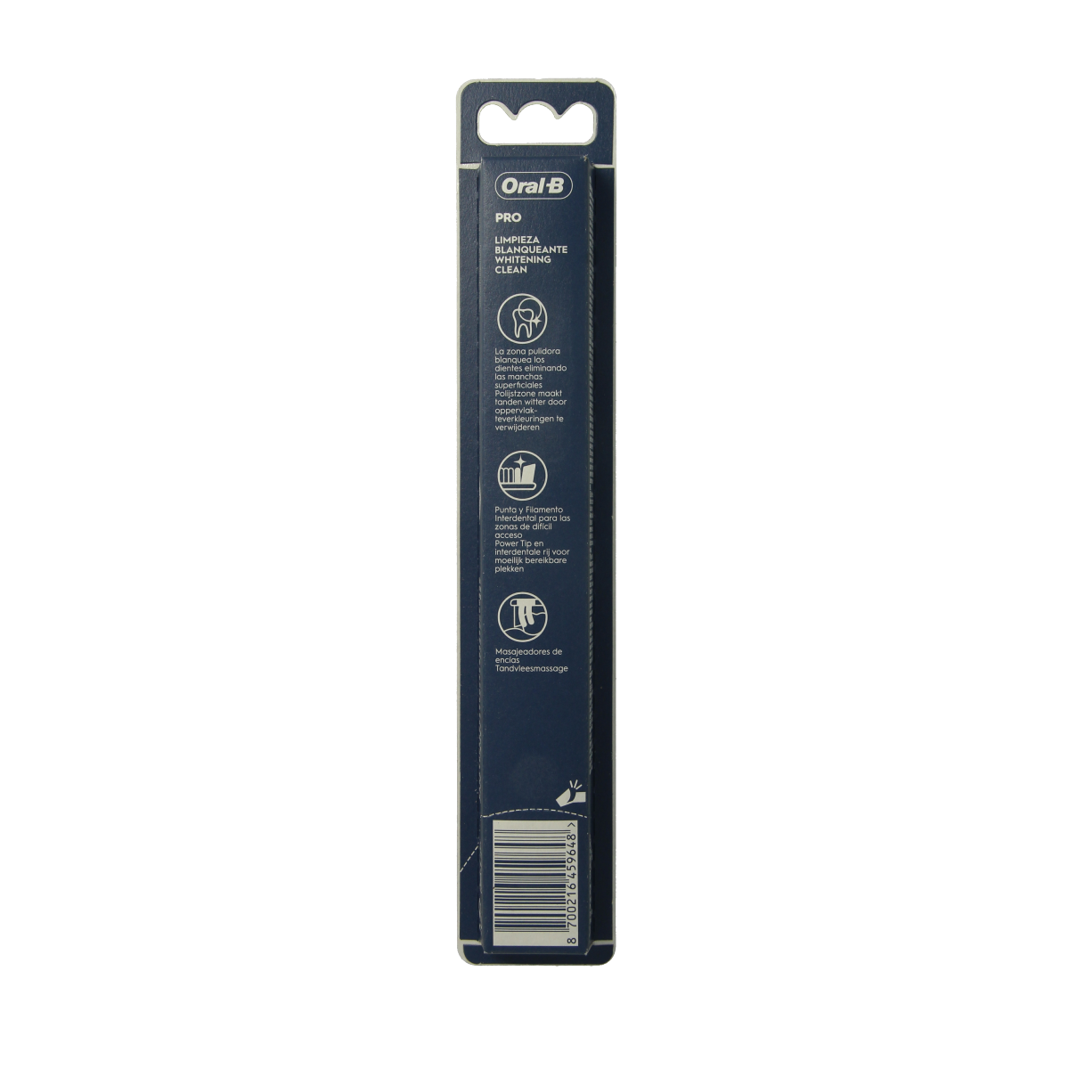 Oral B Pro 3D White manual toothbrush for effective teeth cleaning, shown with white bristles and ergonomic handle.
