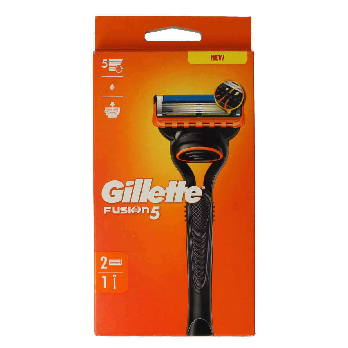 Gillette Fusion manual razor blades pack with two multi-blade shaving instruments, showing the razor heads and packaging details.