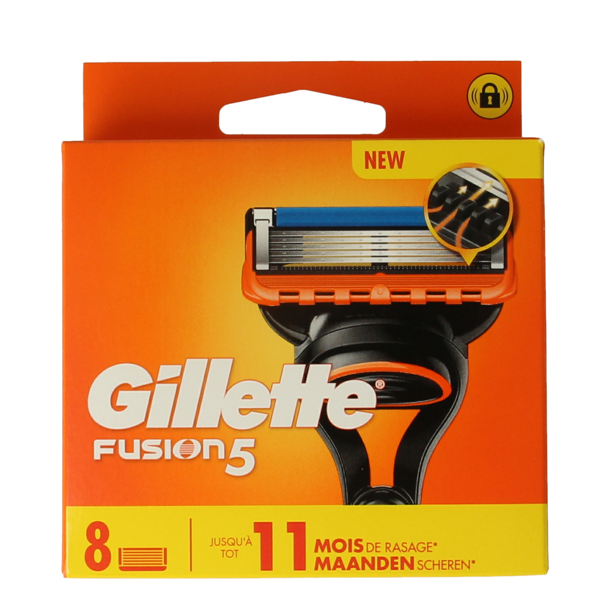 Gillette Fusion manual razor blades pack with 8 blades, designed for precise shaving, shown in the image.