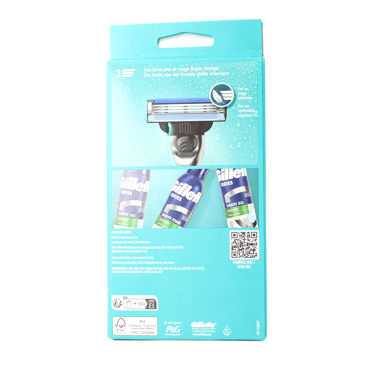 Gillette Mach3 razor blade cartridge, a replacement for Gillette scheerinstrumenten, showing the packaging and blade details.