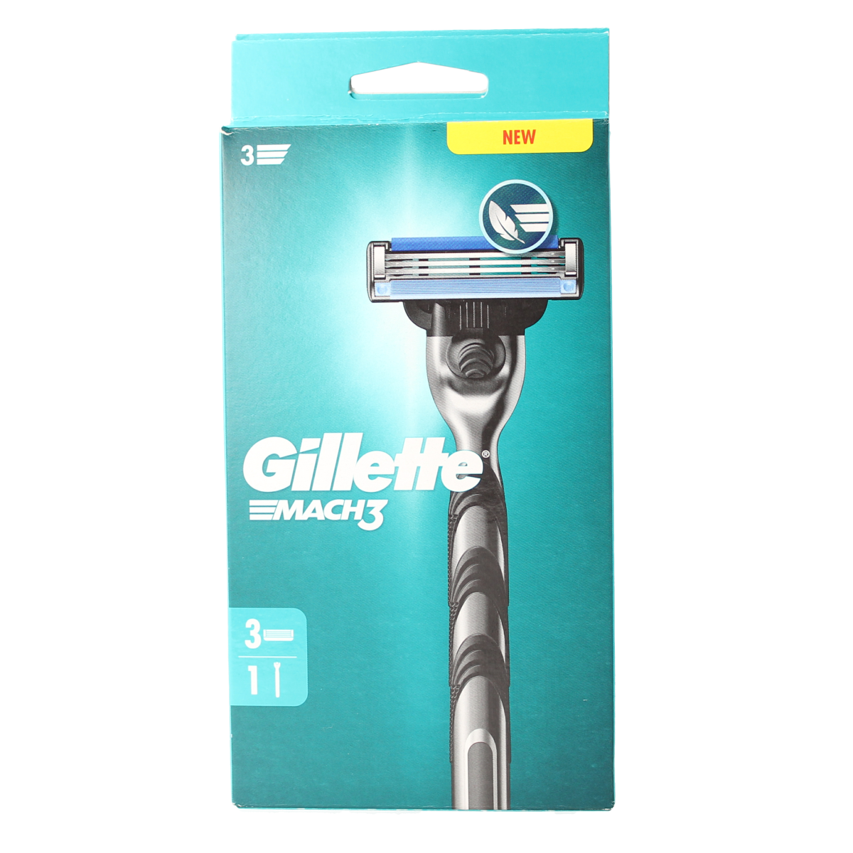 Gillette Mach3 razor blade base scheersysteem for smooth shaving, displayed with packaging and razor details.