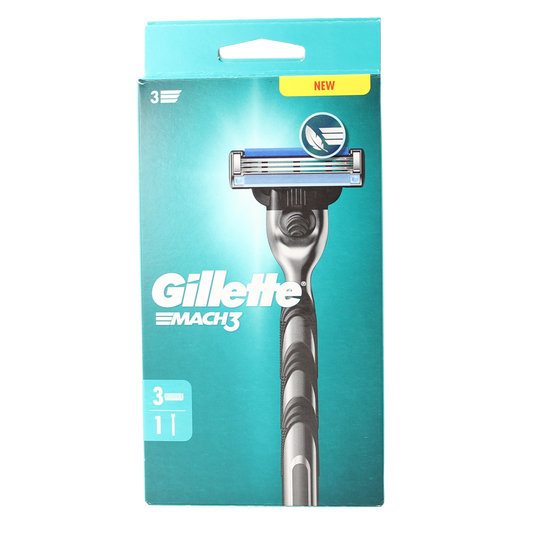 Gillette Mach3 razor blade base scheersysteem for smooth shaving, displayed with packaging and razor details.