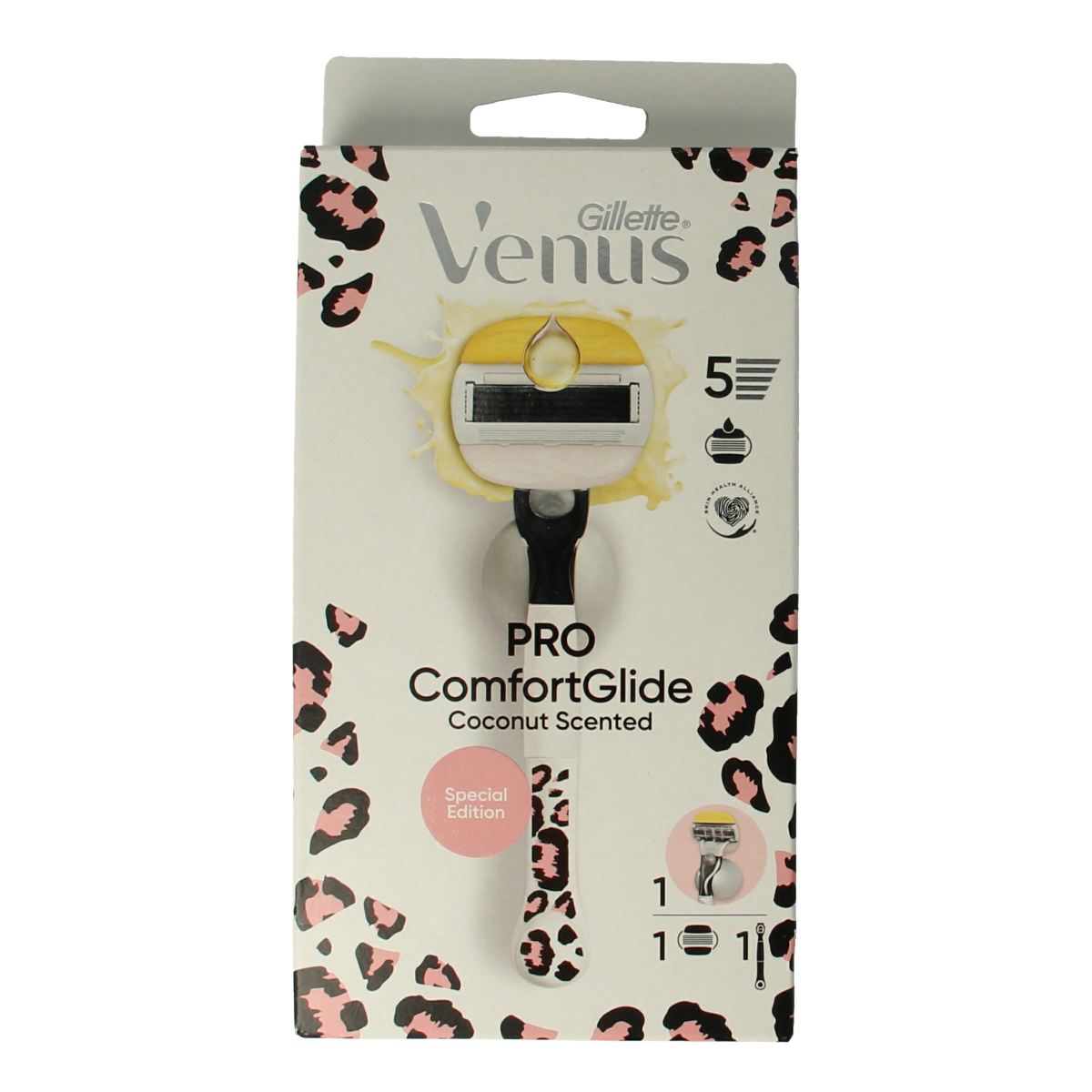 Gillette Comfortglide coconut modular leopard razor, a men's shaving instrument with a stylish leopard design.
