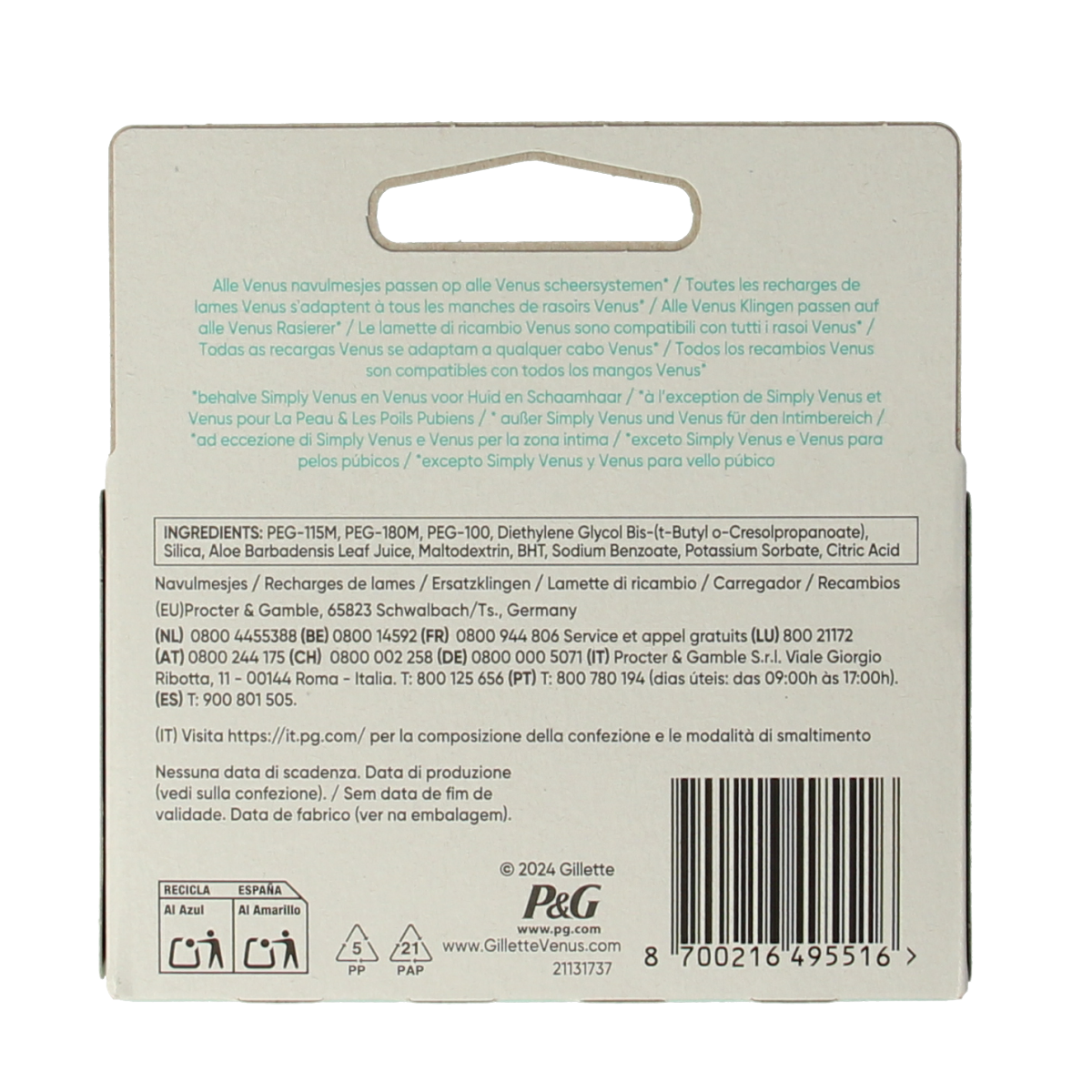 Gillette Venus Smooth Sensitive razor blades pack with four blades for gentle, sensitive skin shaving.