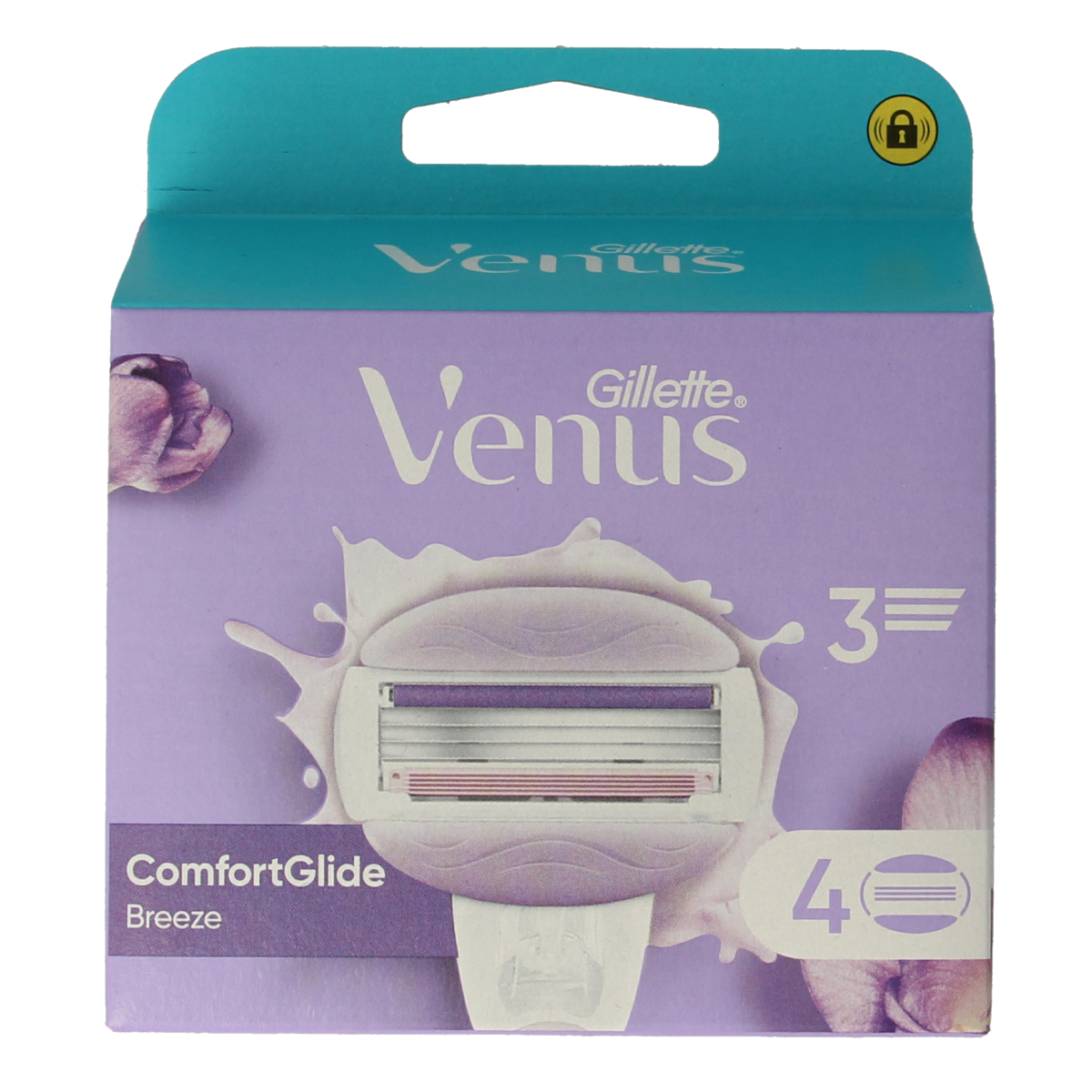 Gillette Venus ComfortGlide Breeze razor blades pack with four replacement blades on a white background.