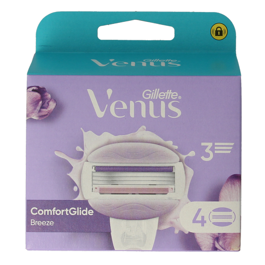 Gillette Venus ComfortGlide Breeze razor blades pack with four replacement blades on a white background.