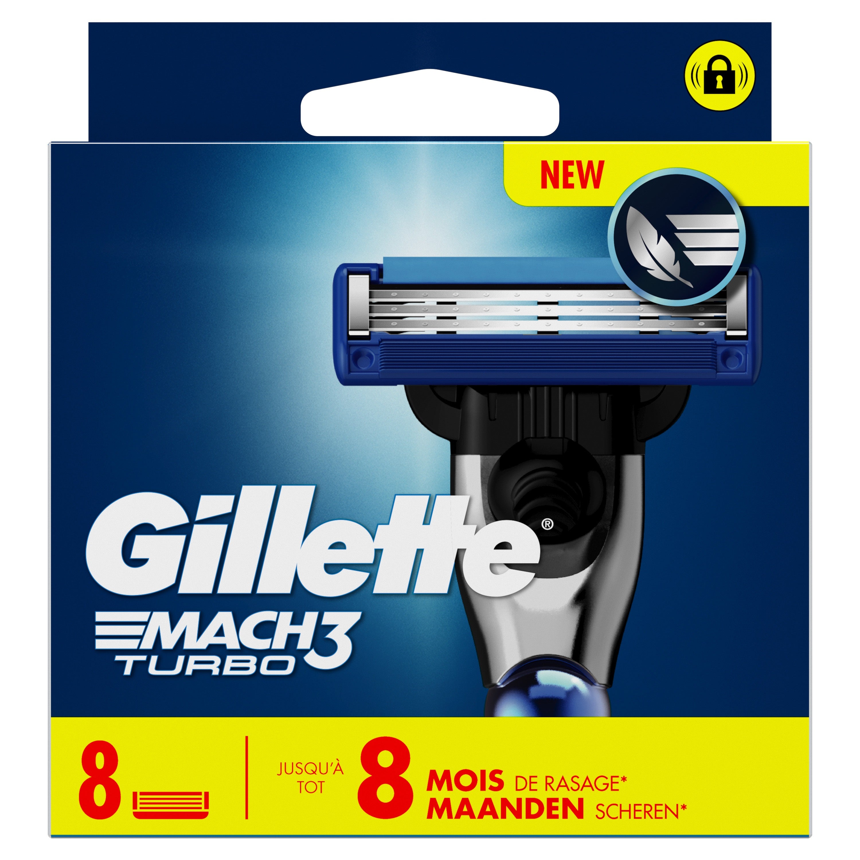 Gillette Mach 3 Turbo razor blades pack with 8 blades, shown in packaging, designed for smooth shaving.